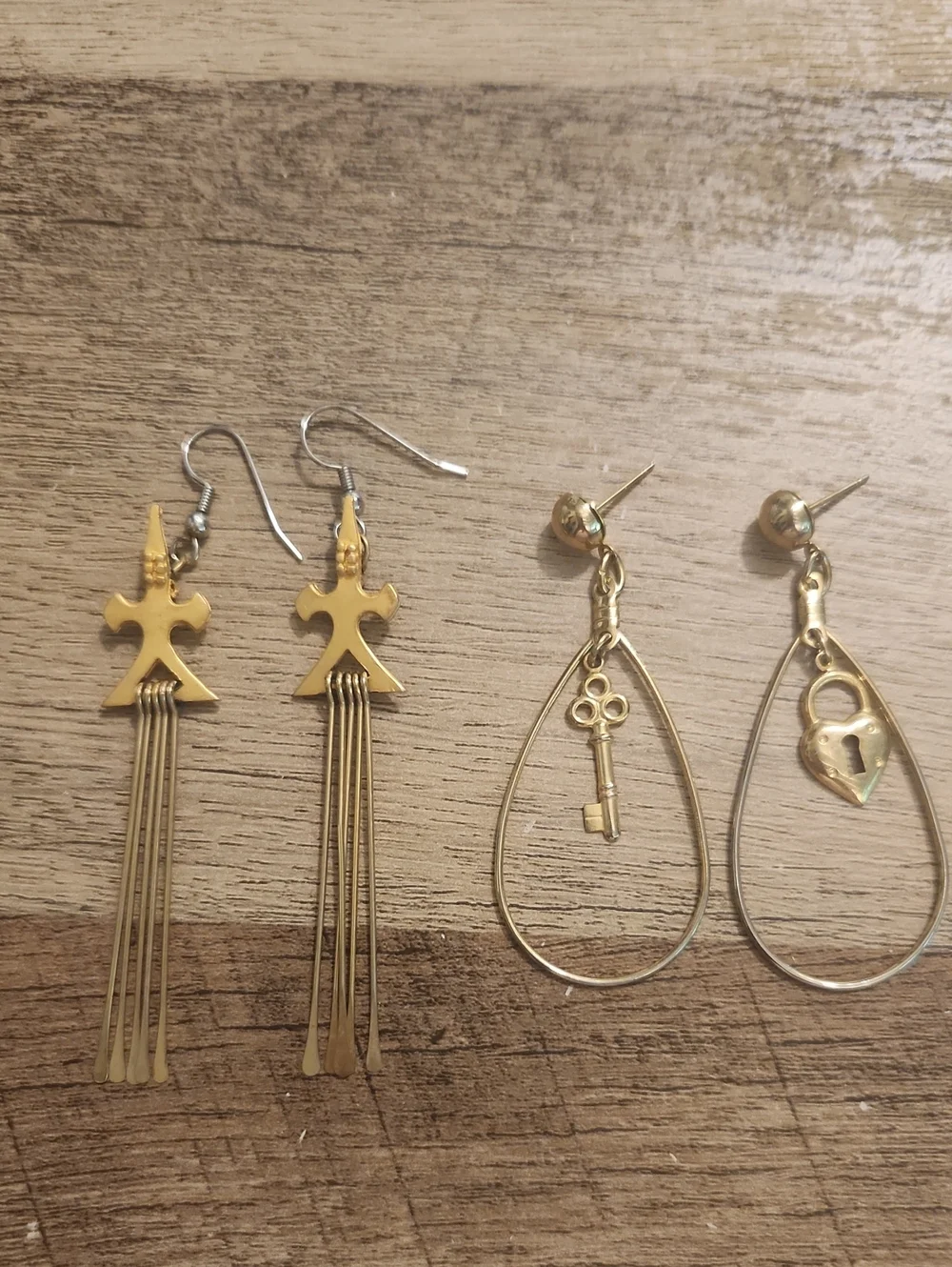 Gold Tone Vintage Key & Heart Drop Earrings And Gold Tone Dangles